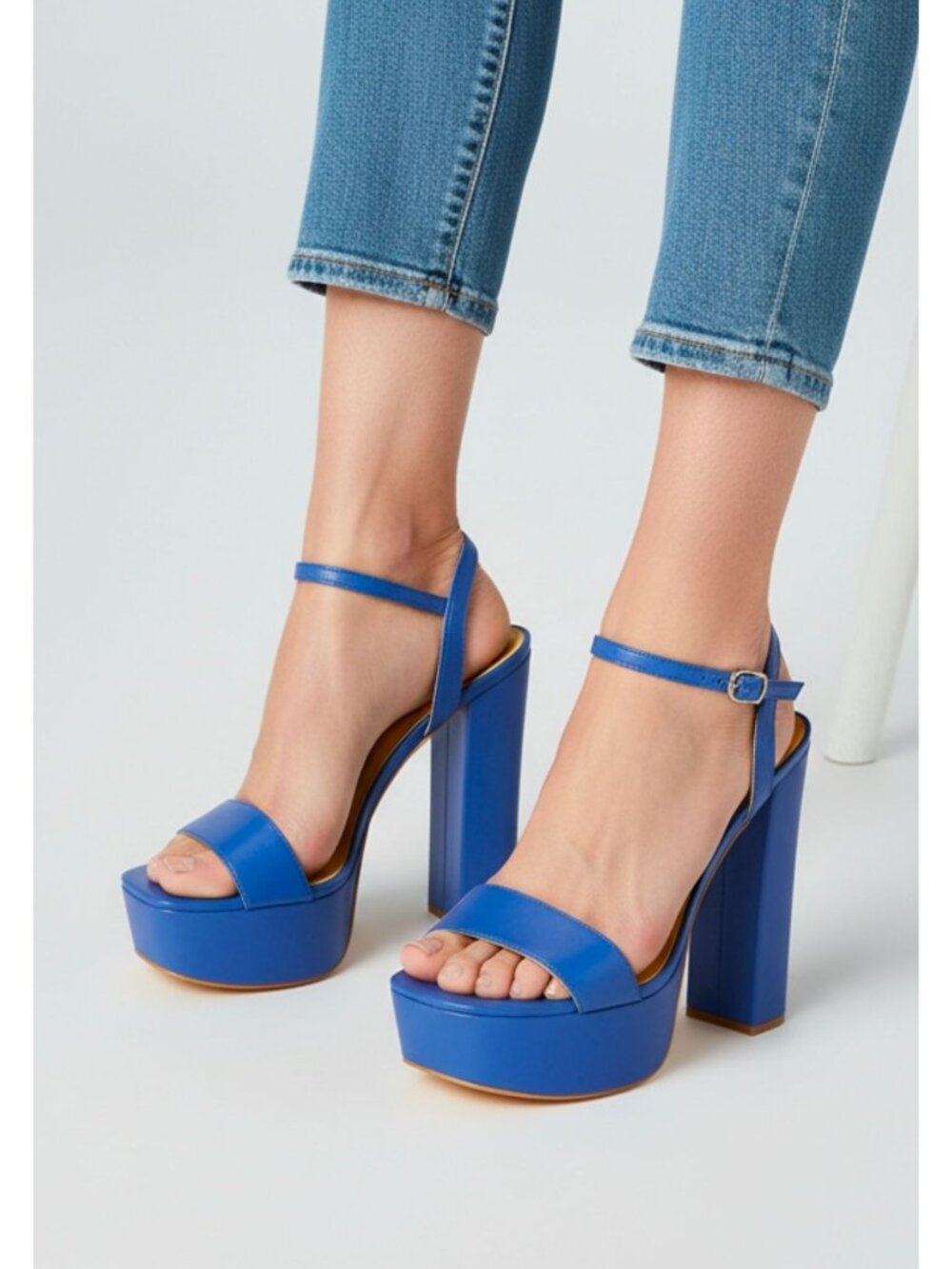 Blue Platform High-Heel Sandals With Ankle Strap Adjustable Buckle And Block Hee